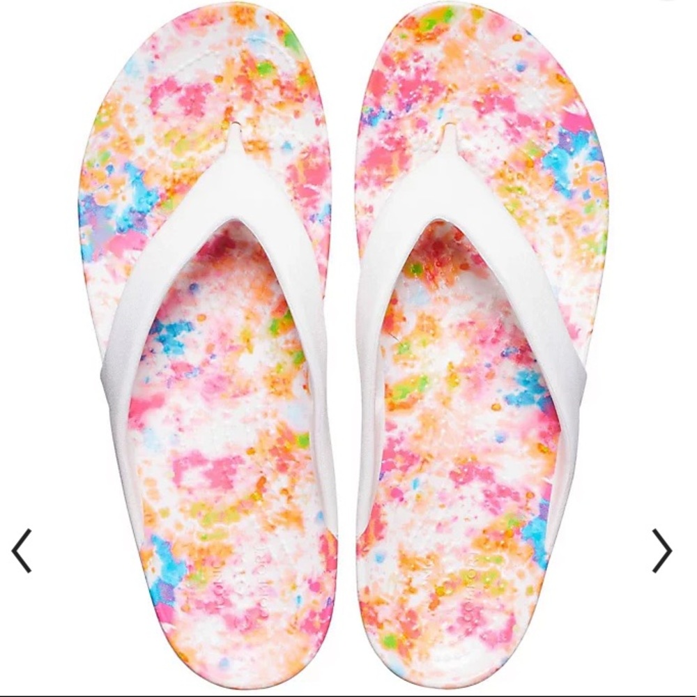 White Crocs sandals with a tie dye insole.  Size 8 beachy